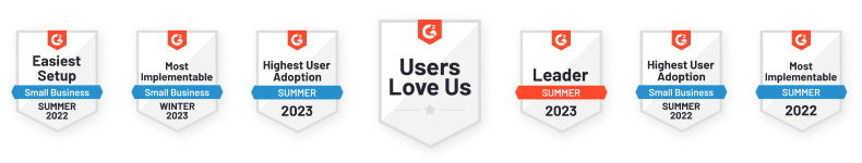 A badge that reads 'Users Love Us' flanked on either side by G2 awards for 'Easiest Setup: Small Business Summer 2022,' 'Most Implementable: Small Business Winter 2023,' 'Highest User Adoption: Summer 2023,' 'Leader: Summer 2023,' 'Highest User Adoption: Small Business Summer 2022,' and 'Most Implementable: Summer 2022'
