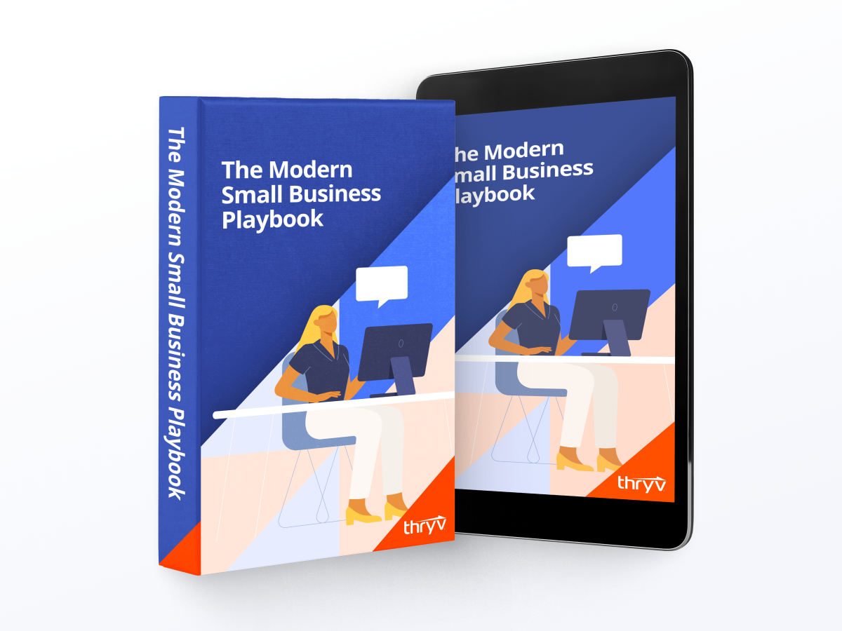 Book and computer tablet showing both the physical copy and ebook version of 'The Modern Small Business Playbook' from Thryv