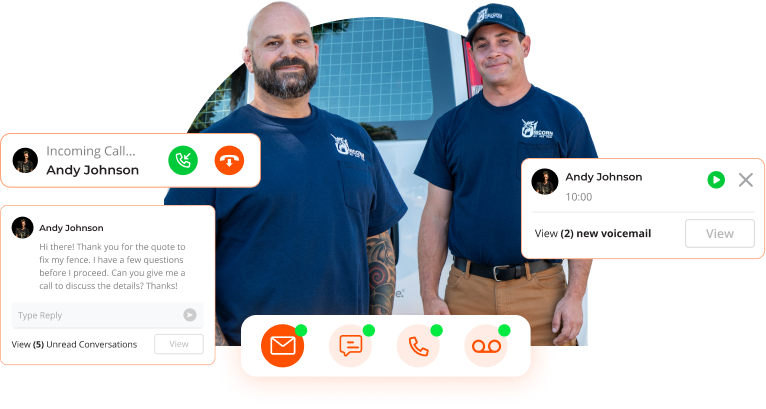 Two workers with communications snippets surrounds them